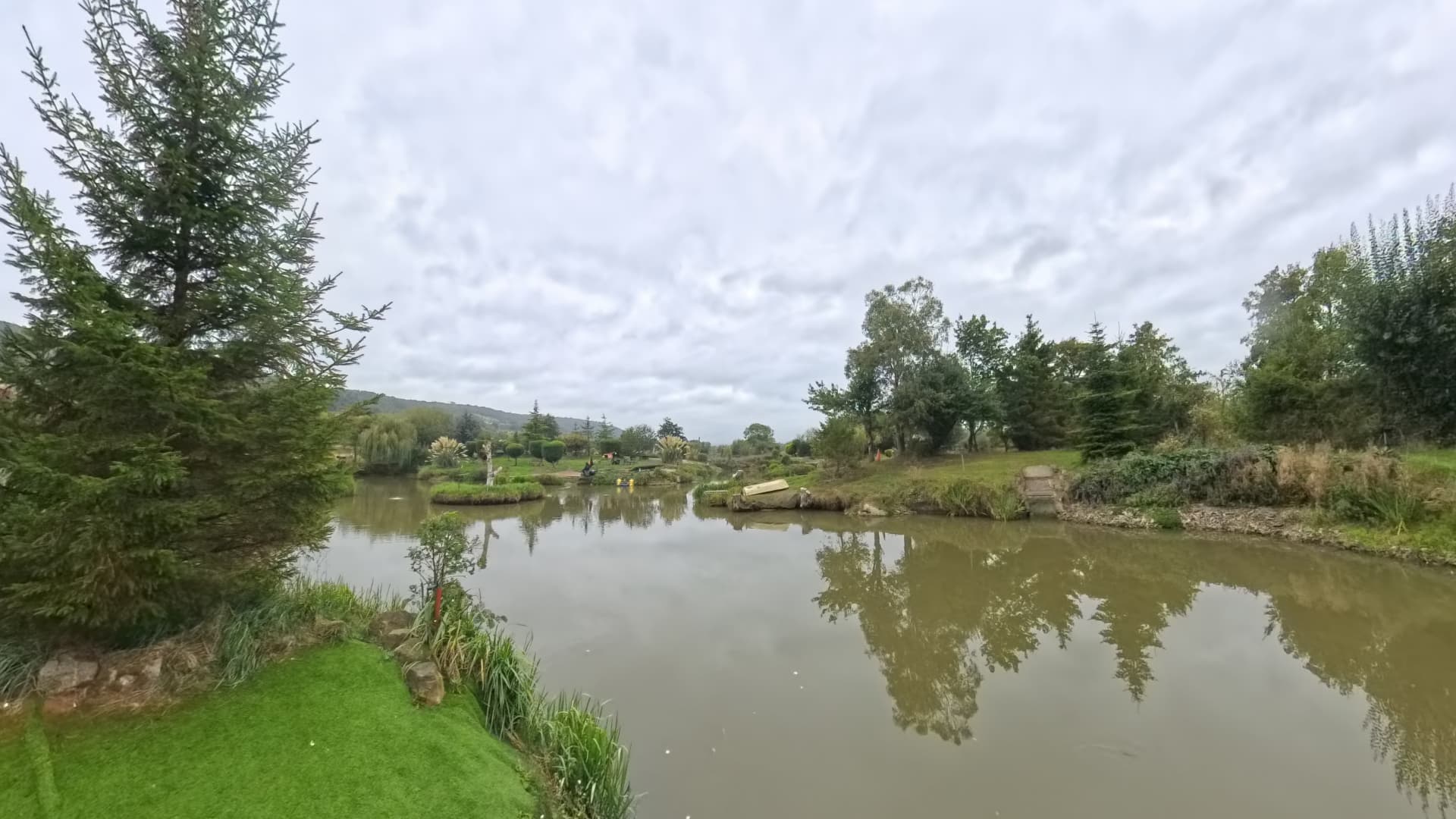 Fishing pond with a bank-side platform and mature trees