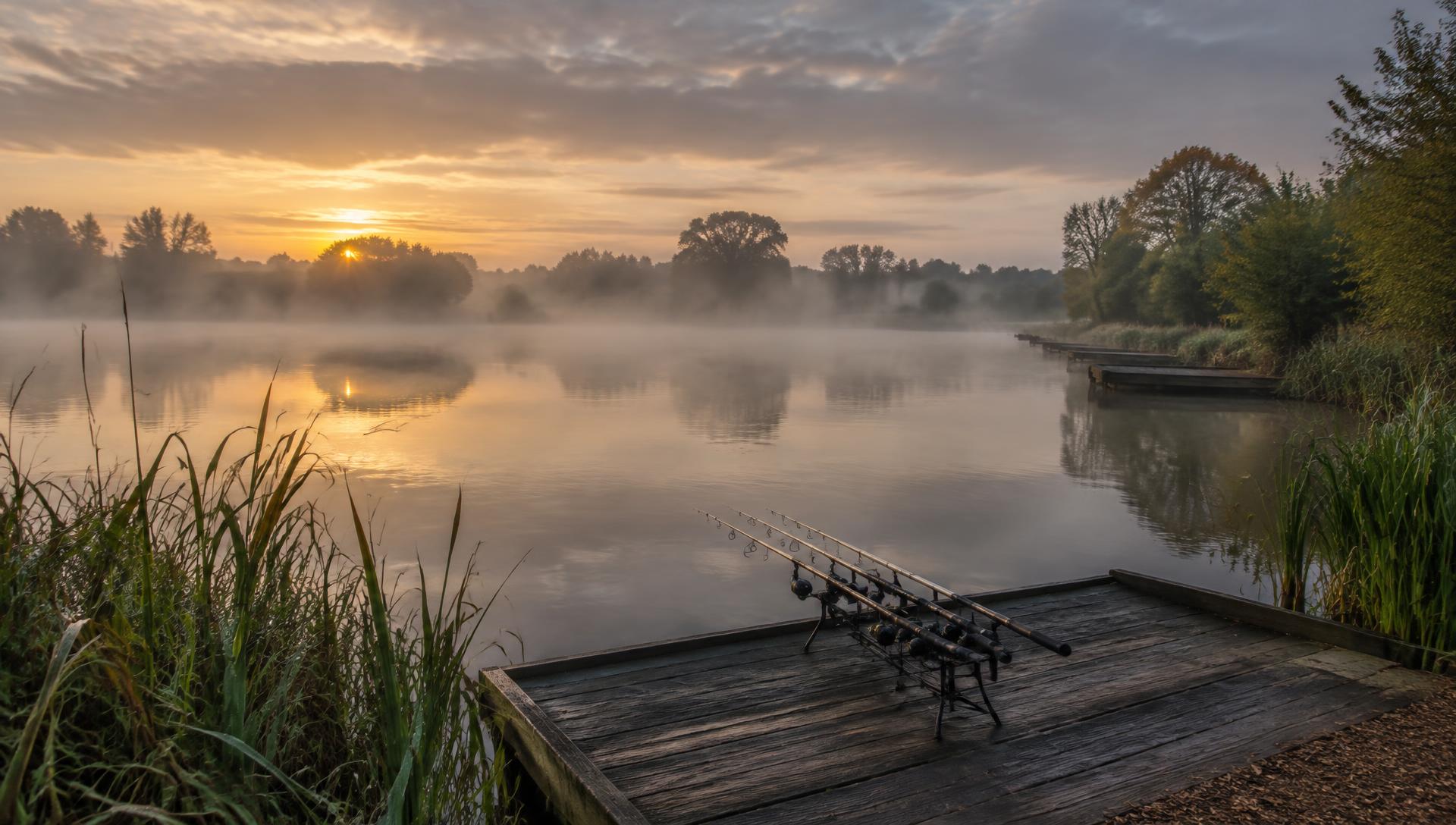 Fishing lake and wooden peg at dawn